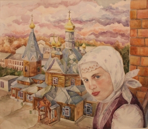 Лобко Анастасия, 15 лет "Автопортрет на фоне Покровской церкви"